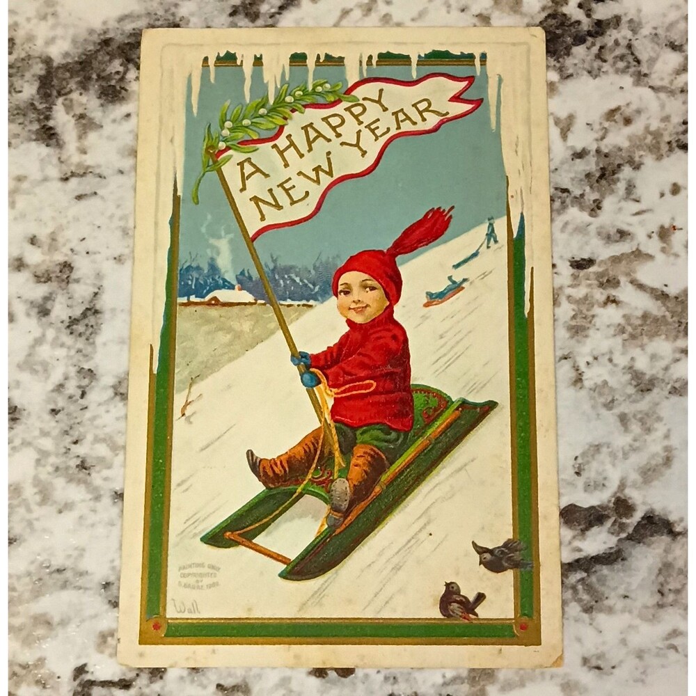 Antique Vintage New Year Postcard Winter Child on Sled Multicolor Germany 1903